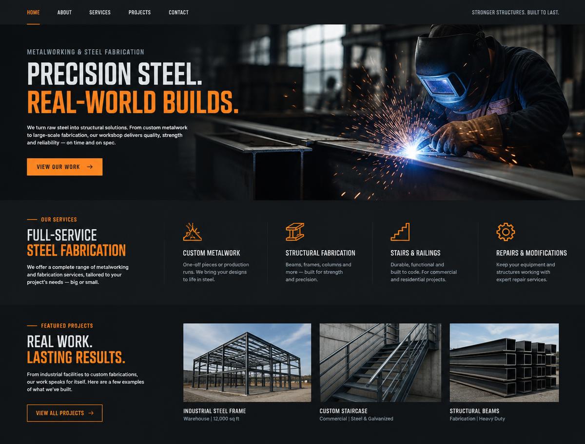 Fictief websiteconcept voor Forge & Frame (Metaalbewerking)